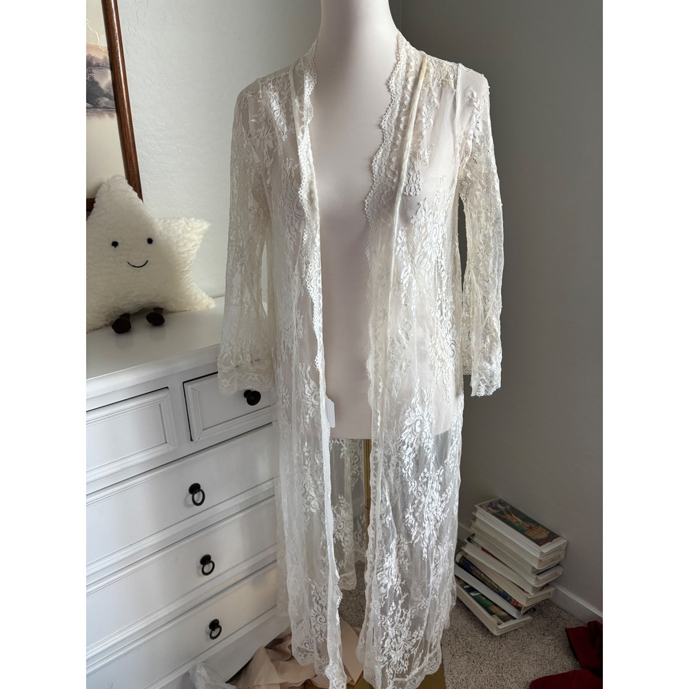 White Floral Lace Duster Sheer Long Cardigan Boho Bridal Kimono Coverup Coat